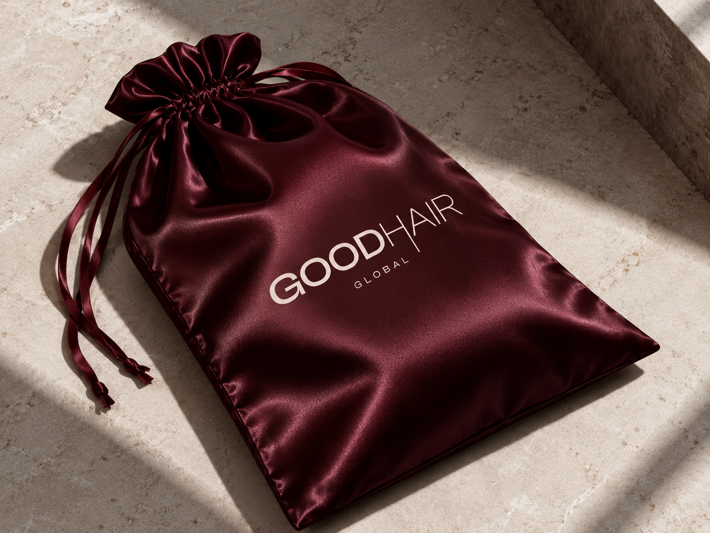 A burgundy Good Hair Global satin storage bag