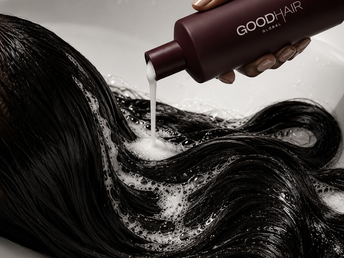 Good Hair Global conditioner being poured over wet hair